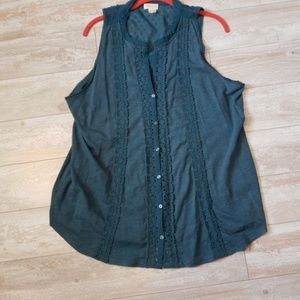 Anthropologie teal sleeveless top with lace and cr